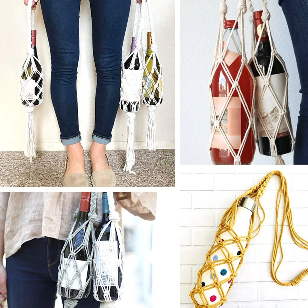 Bar Decor Hand Knitting Wine Bottle Holder Cotton Rope Bohemian Style Bottle Storage Bag Bottle Tote Bag Hiking Activity