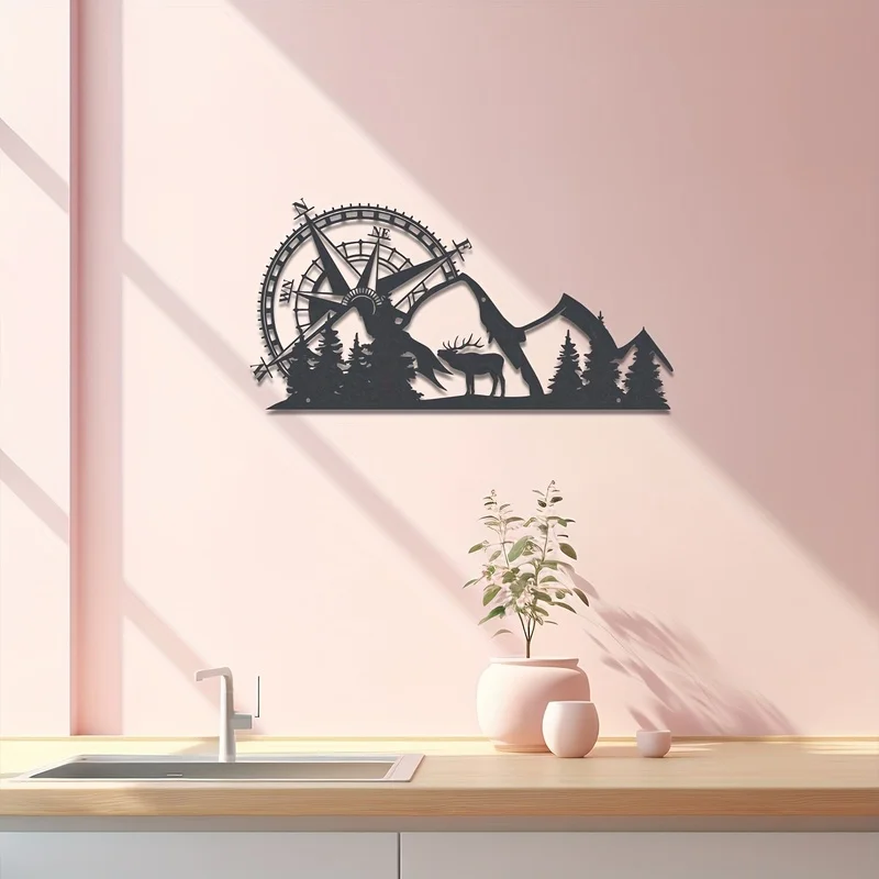 Compass and Mountain View Metal Wall Art，The gift is suitable for the bedroom、Study、Restaurant、Studio