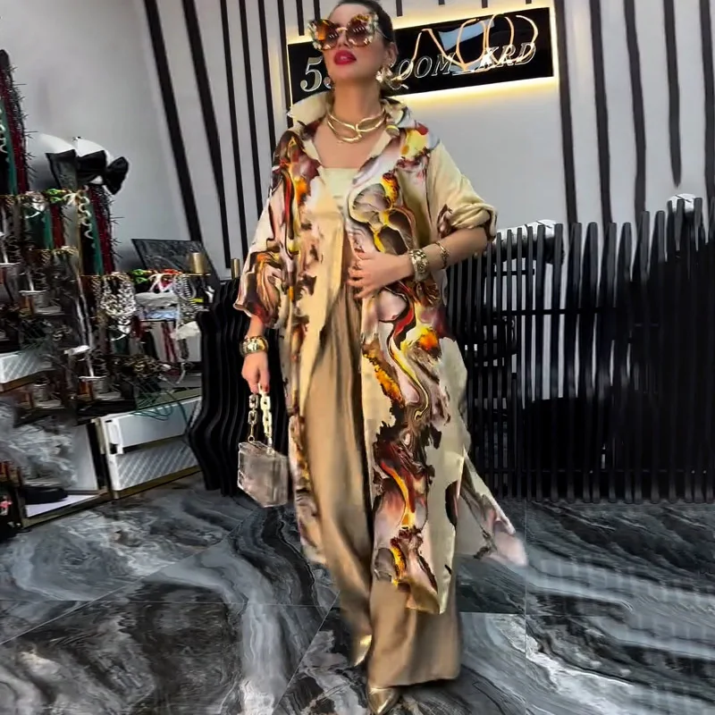 Conjuntos de pantalones para mujer, camisas estampadas, cárdigan largo de dos piezas con una hilera de botones, pantalones elegantes empalmados de cintura alta, pantalones de oficina para mujer