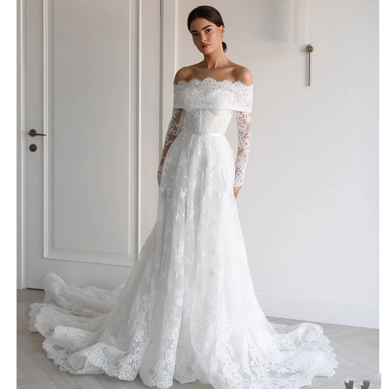 

Off The Shoulder Wedding Dress Embroidered Lace On Net With A-Line Ball Gown Boat Neck Full Sleeve Customized Bride Dress Button