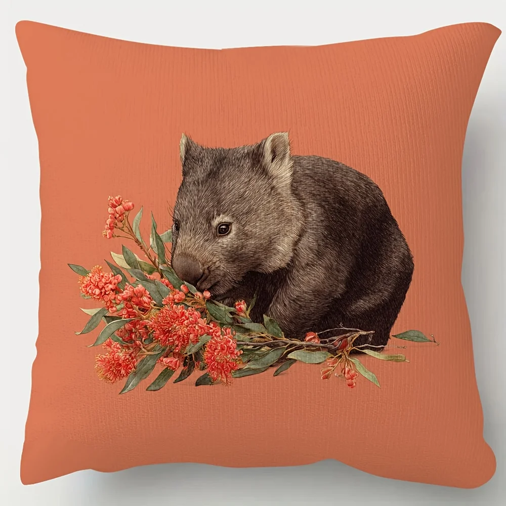 Double Sided Wombat Decorative Pillowcase - 2D Printed Australian Animal with Red Flower Cushion Cover for Sofa Decor, 1PC