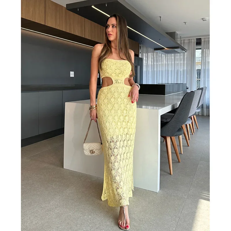 2025年 ニットワンピース サマービーチウェア セクシー シースルー ビキニ カバーアップ ビーチ ボディコン マキシワンピース メッシュ ホルターネック サンドレス