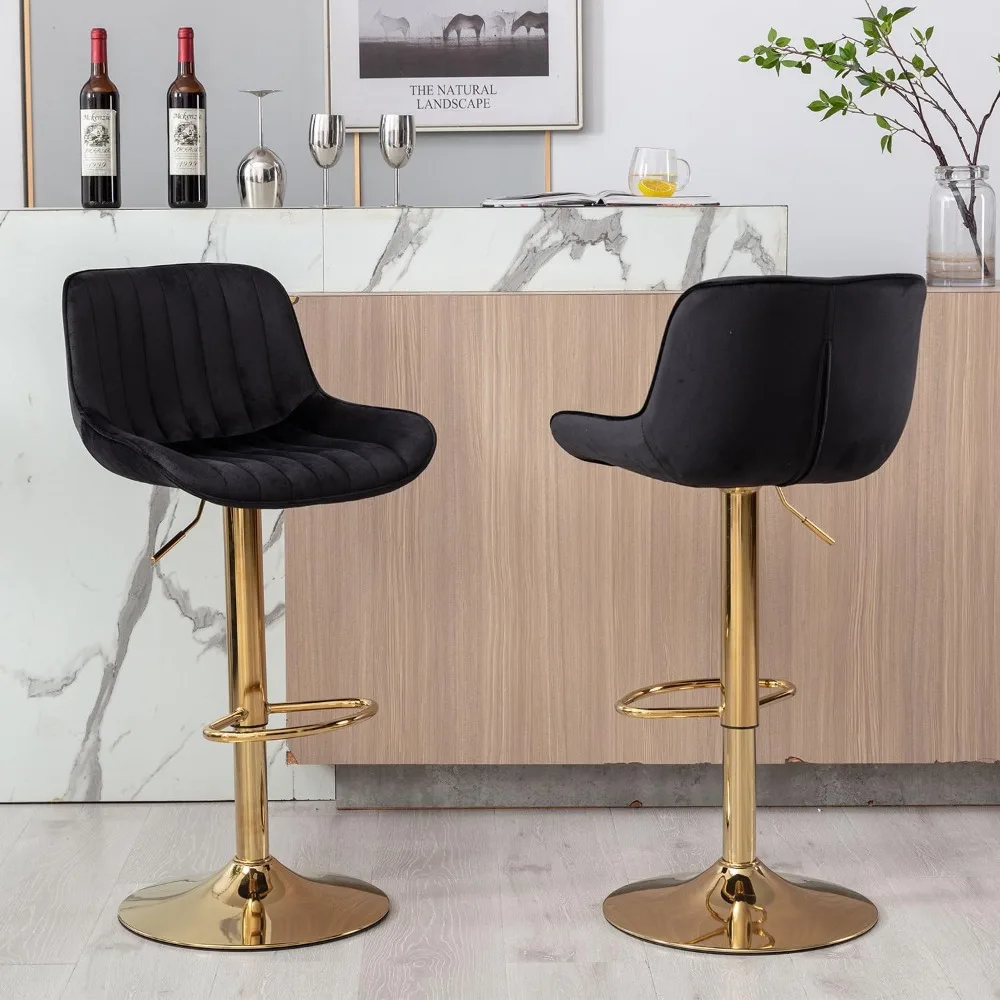 Adjustable Swivel Gold Bar Stools Set of 4, Counter Height with Backs, Modern Velvet Island Chairs for Kitchen Home Decor（Black）