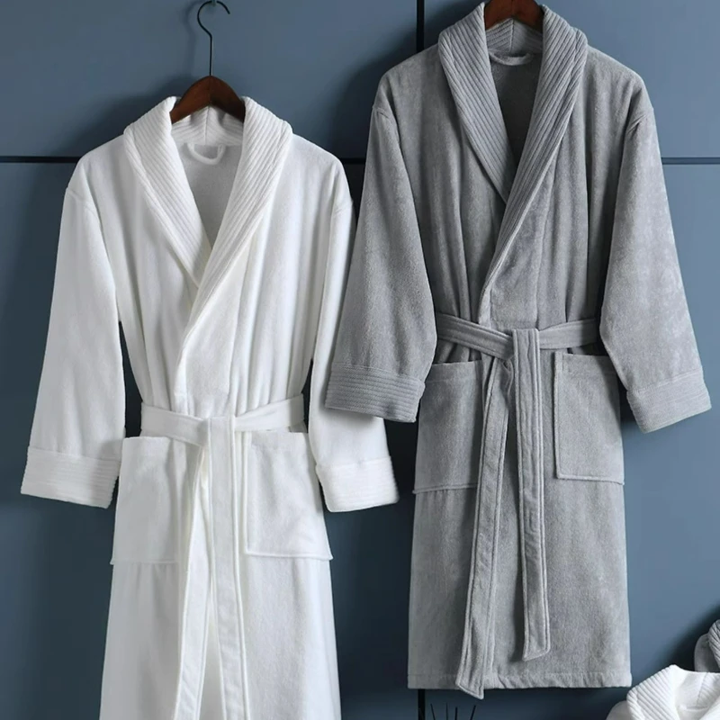 

100% Cotton Long Thick Absorbent Terry Bath Robe Kimono Men LightWeight Waffle Towel Bathrobe Sleepwear Women Dressing Gown