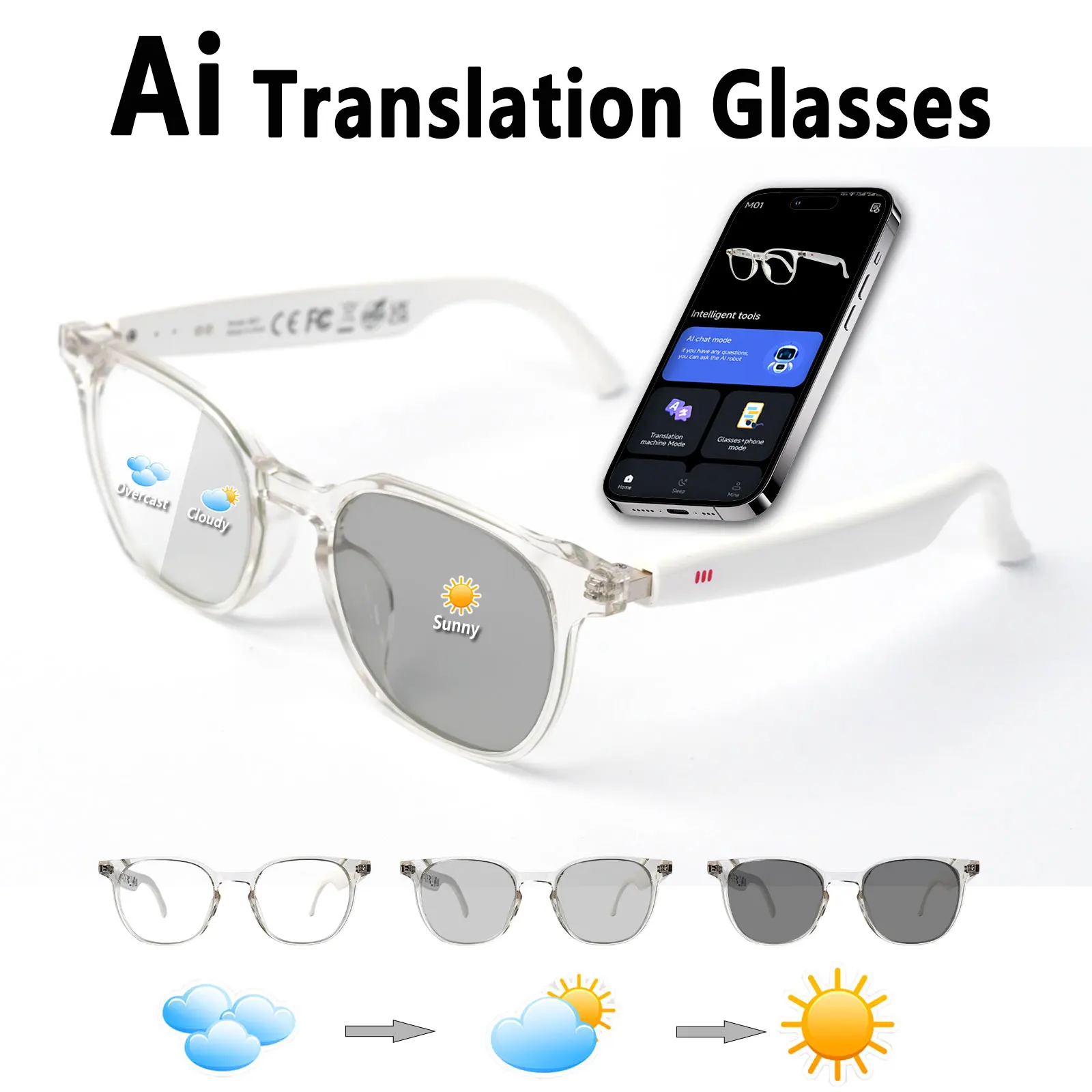 

Smart audio glasses, real-time translation via app, photochromic lenses, Hi-Fi music playback, and noise-canceling voice calls.