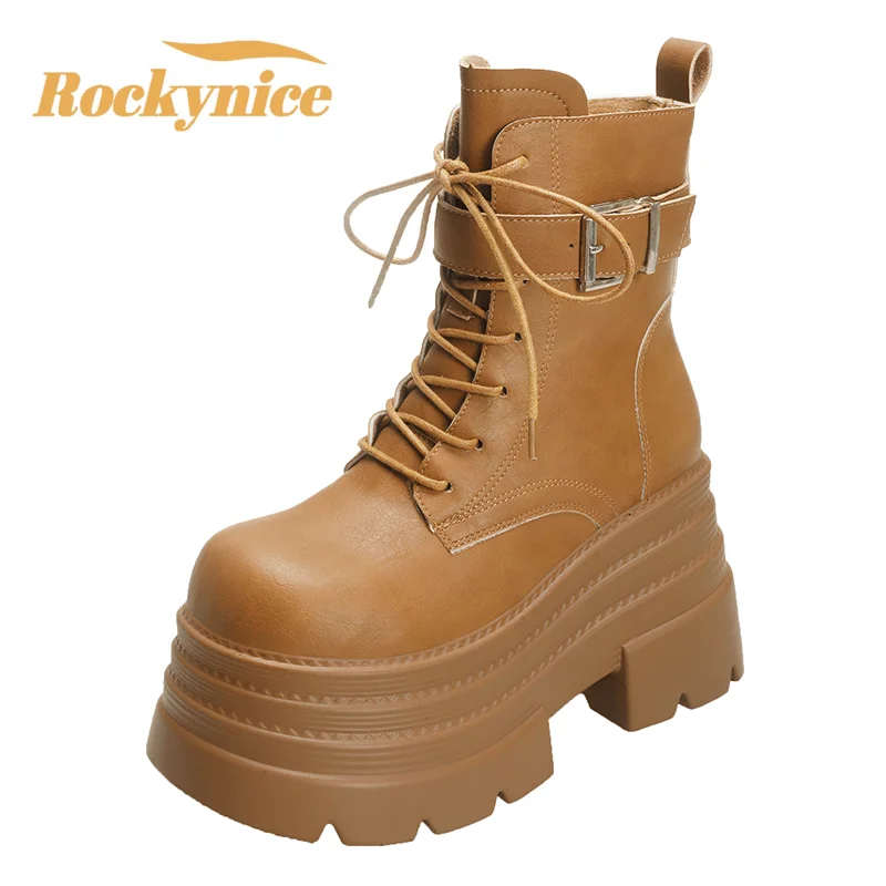 

Women Chunky Ankle Boots Winter 10CM Height Increasing Warm Fur Snow Boots Lace Up Belt Buckle Sneakers Leather Motorcycle Boots