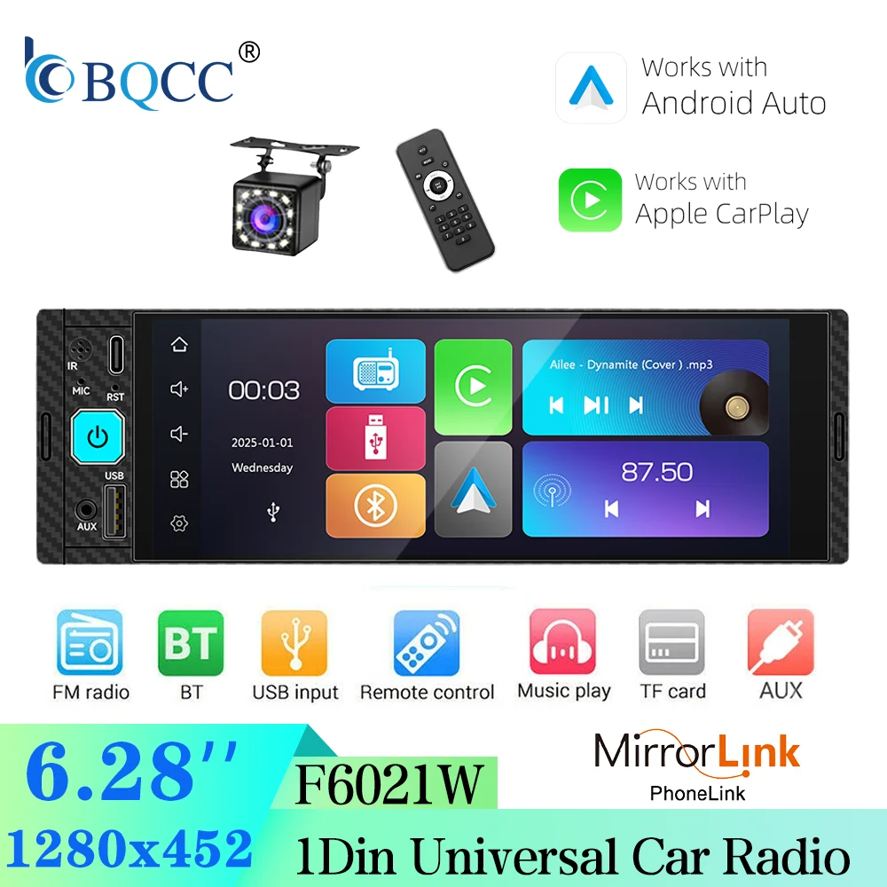 BQCC 6.28'' 1Din Car Radio BT FM 7-Color LED Lights 33W Type-C Wireless CarPlay Android Auto Multimedia Player