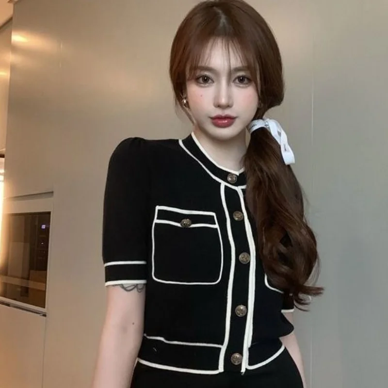 Cardigan Women Short-sleeve Cropped Spring Panelled Slim Fit Design Tender Females Casual Korean Style Daily Кардиган Женский