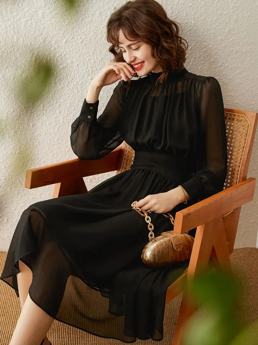 LOUIS YAO Women Dress 2024 Spring and Summer Stand Collar Long Sleeve Retro Casual Elegant Silm Fit Long Black Dress for Women