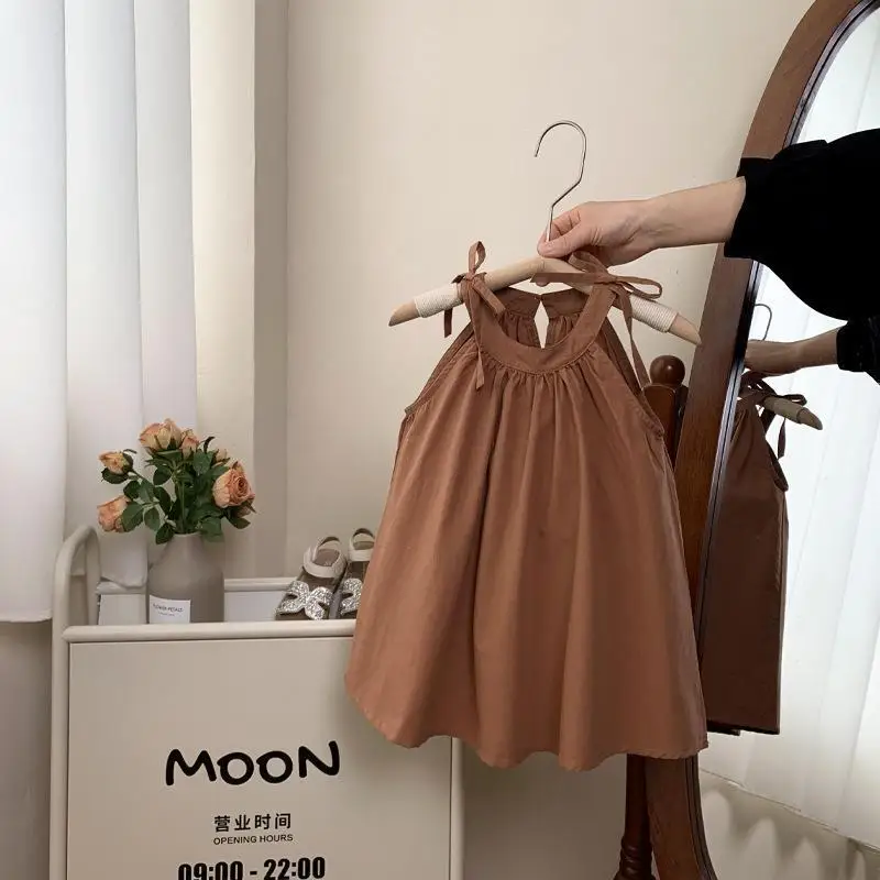 Girls' Summer Dress Children's Suspender, Baby's Summer Korean Version Solid Color Pleated Pretty Dress