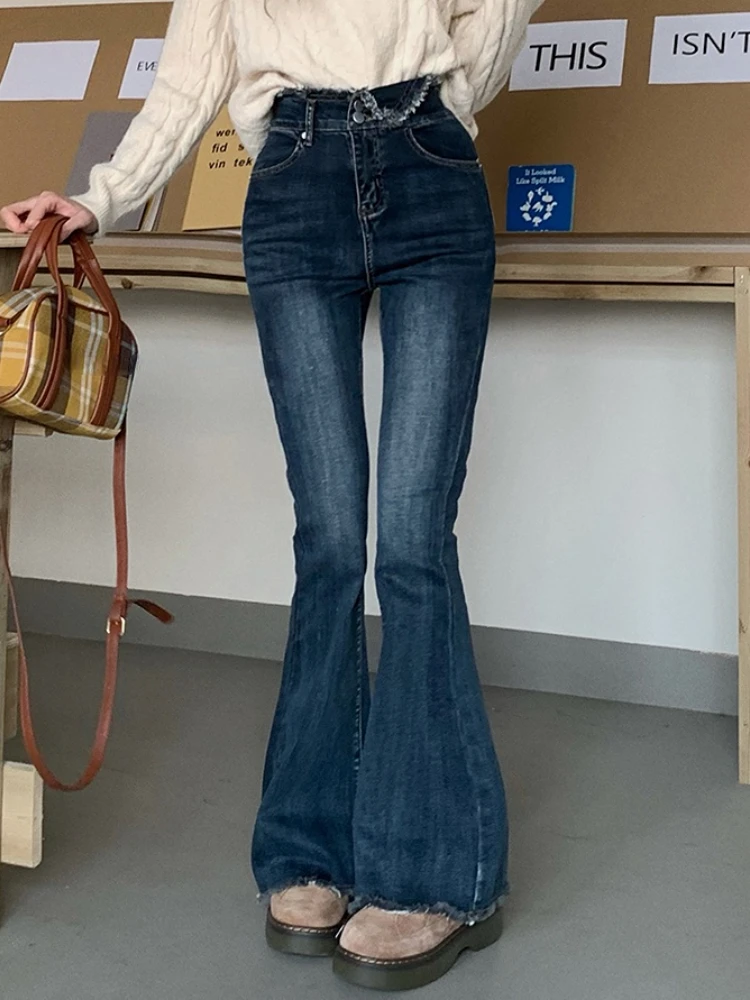 

Winter Vintage Jeans Women High Waist Y2K Designer Slim Denim Flare Pants Female Korean Fashion Solid Chic Casual Trousers 2022
