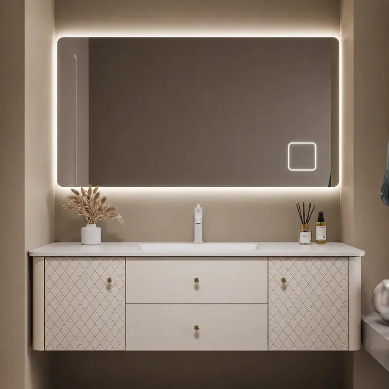 Light Luxury Oak Bathroom Cabinet with Toilet Washbasin and Rock Slab Seamless Integrated Basin Smart Storage Vanity Unit