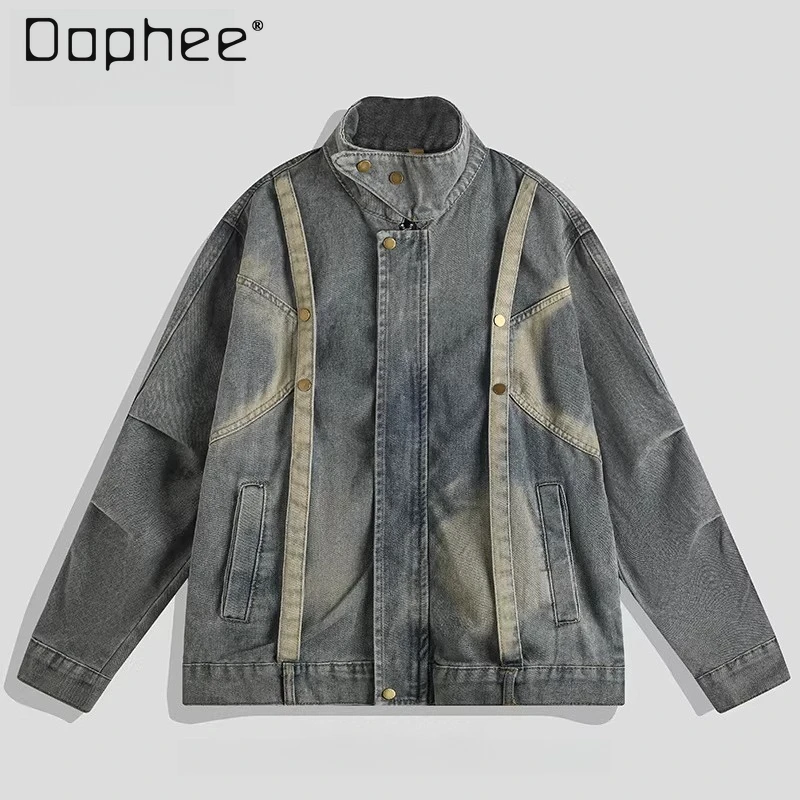 

Spring and Autumn American Street Retro Style Men's Blue Loose Casual Daily Locomotive Cool Handsome Denim Jacket