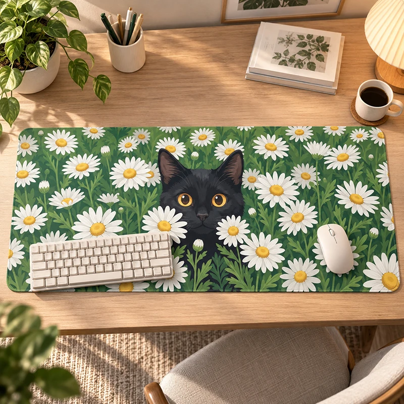 Mouse Pad Black Cat White Daisies Gaming XL Large Computer HD Mousepad XXL keyboard pad Computer Mice Pad Desktop Mouse Pad