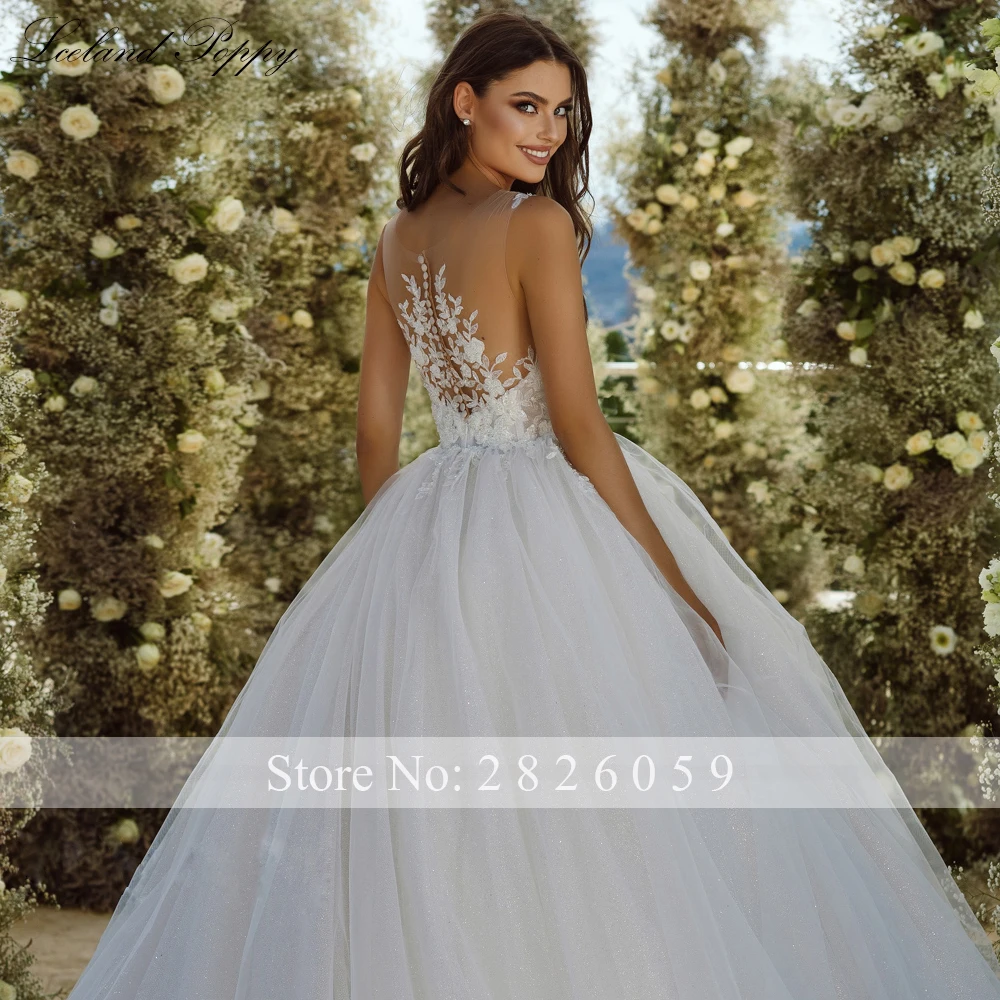 IJsland Poppy op maat gemaakte baljurk glanzende tule trouwjurken vloerlengte illusie kralen kanten bruidsjurken