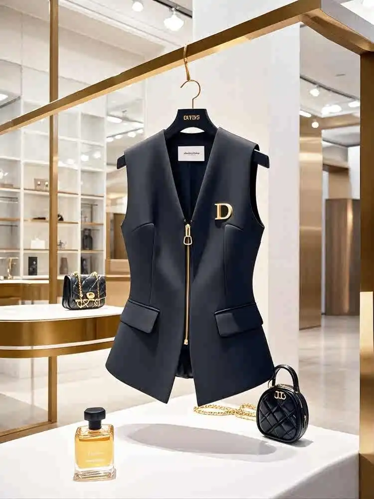 

Ele Bla Vest 2025 Spring Summer Faion Small Size High-End Feel Unique Attractive Commute Sle Zipper Splice Pure Color