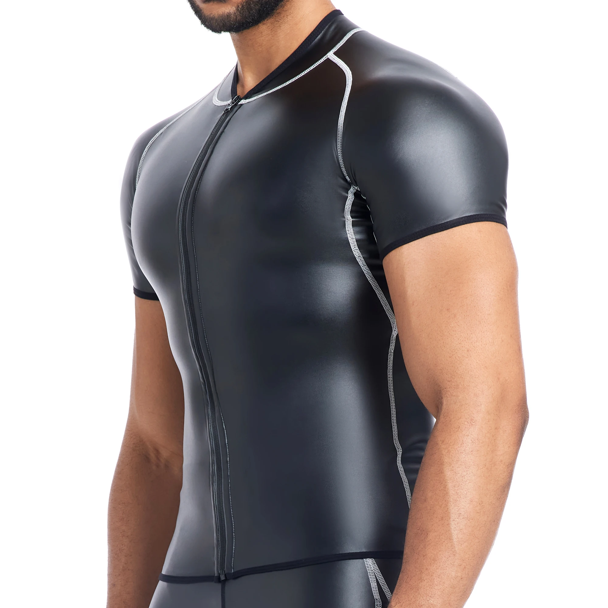 Black Men's PU Leather T-Shirts Motorcycle Biker Sexy Muscle Slim Fit Undershirts Male Nightclub T Shirts Tops Fetish Costumes