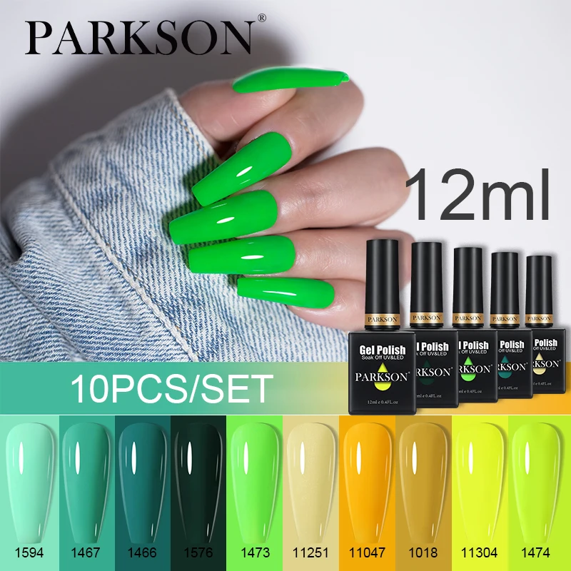 

Parkson 12ml 10pcs Colored Translucent Soak off UV Gel Varnish Set HEMA TPO FREE Silver Color Glitter Nail Polish For Manicure
