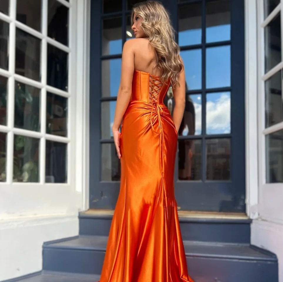 Strapless Corset Mermaid Women Prom Dresses For Women Satin Split Pleated Evening Gowns Floor Length Dinner Party Dress Orange