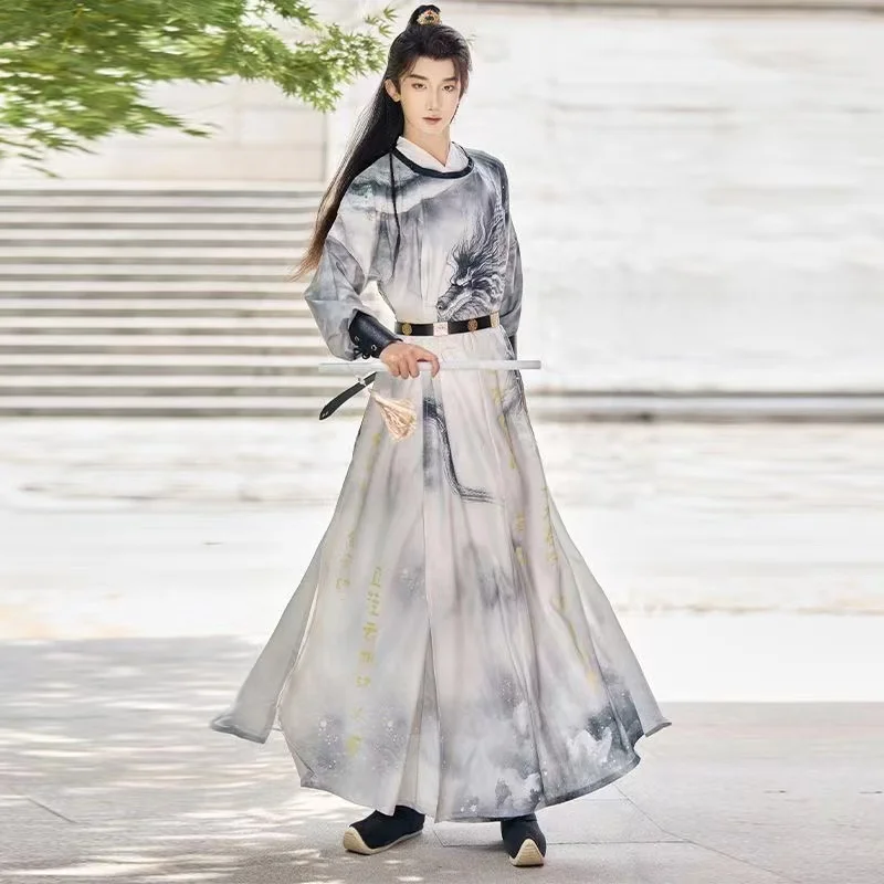 Tang Dynasty Roung Collar Dragon Hanfu Dress Autumn Winter Traditional Loong Printing Costume Handsome Men Women Cosplay Garment