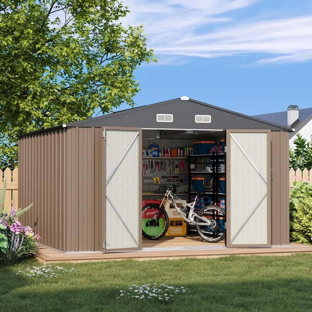 

Outdoor Storage 10 X 10 FT Shed,Metal Yard Shed with Design of Lockable Doors, Utility and Tool Storage for Garden, Brown