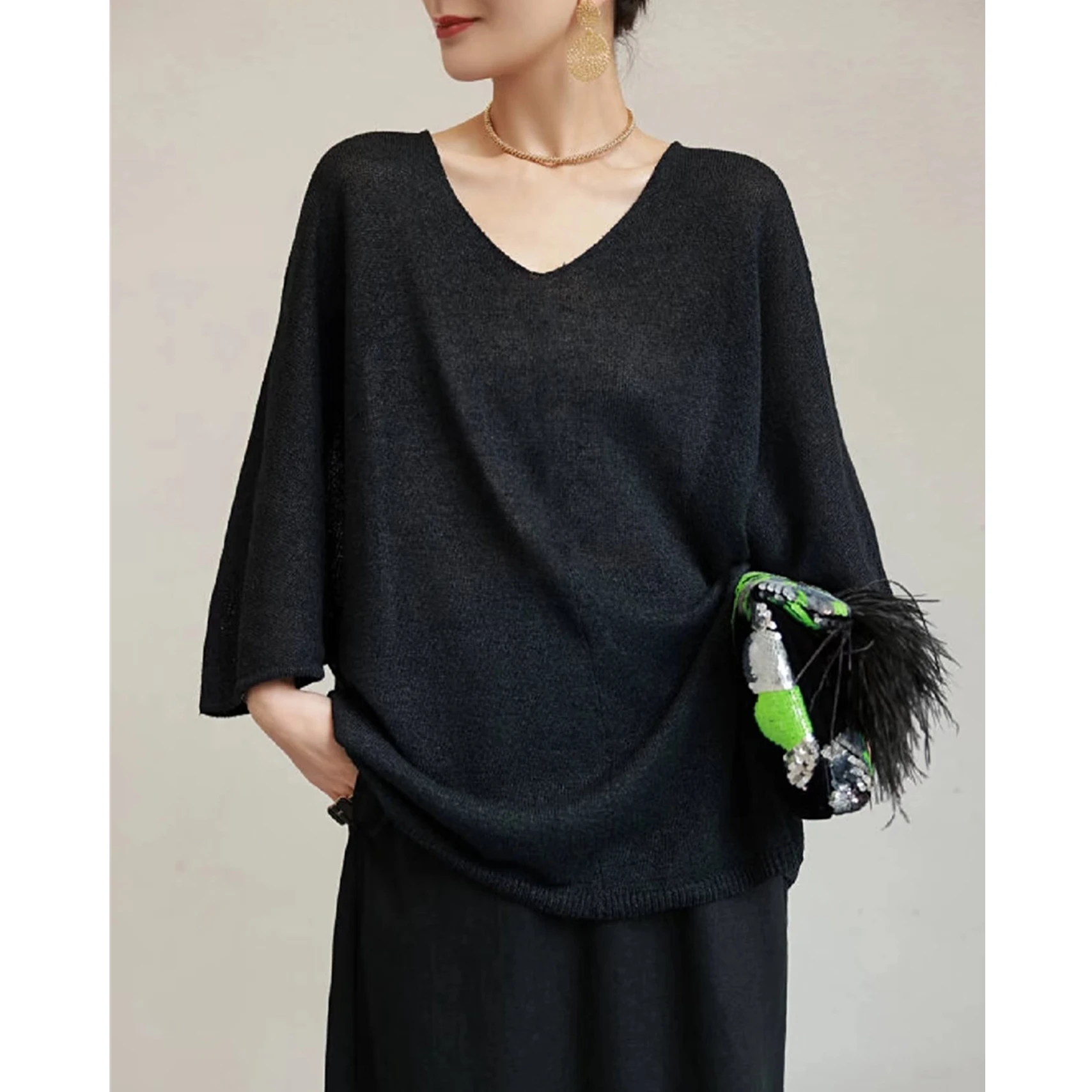 Sl V-Ne تريكو فضفاض مناسب للتخسيس من ألياف البوليستر طويل Sve للتنقل قطعة واحدة لموسم الخريف لون نقي #1