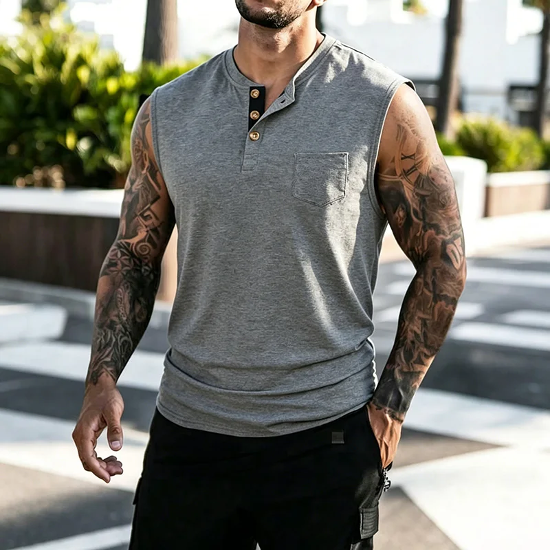 Men's Sleeveless Henley Tank Top with Chest Pocket product photo