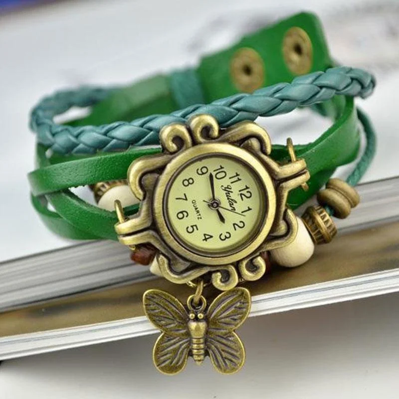 Multicolor Women Leather Vintage Quartz Dress Watch Bracelet Wristwatches Leaf Gift