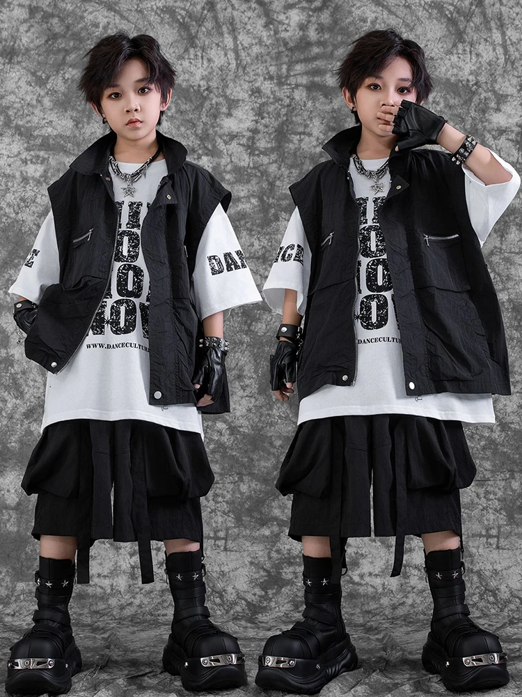 Hip Hop Dance Clothes Jazz Outfit Boys Oversize Top Black Shorts School Stage Show Performance Costume Street Dancewear VDL3945