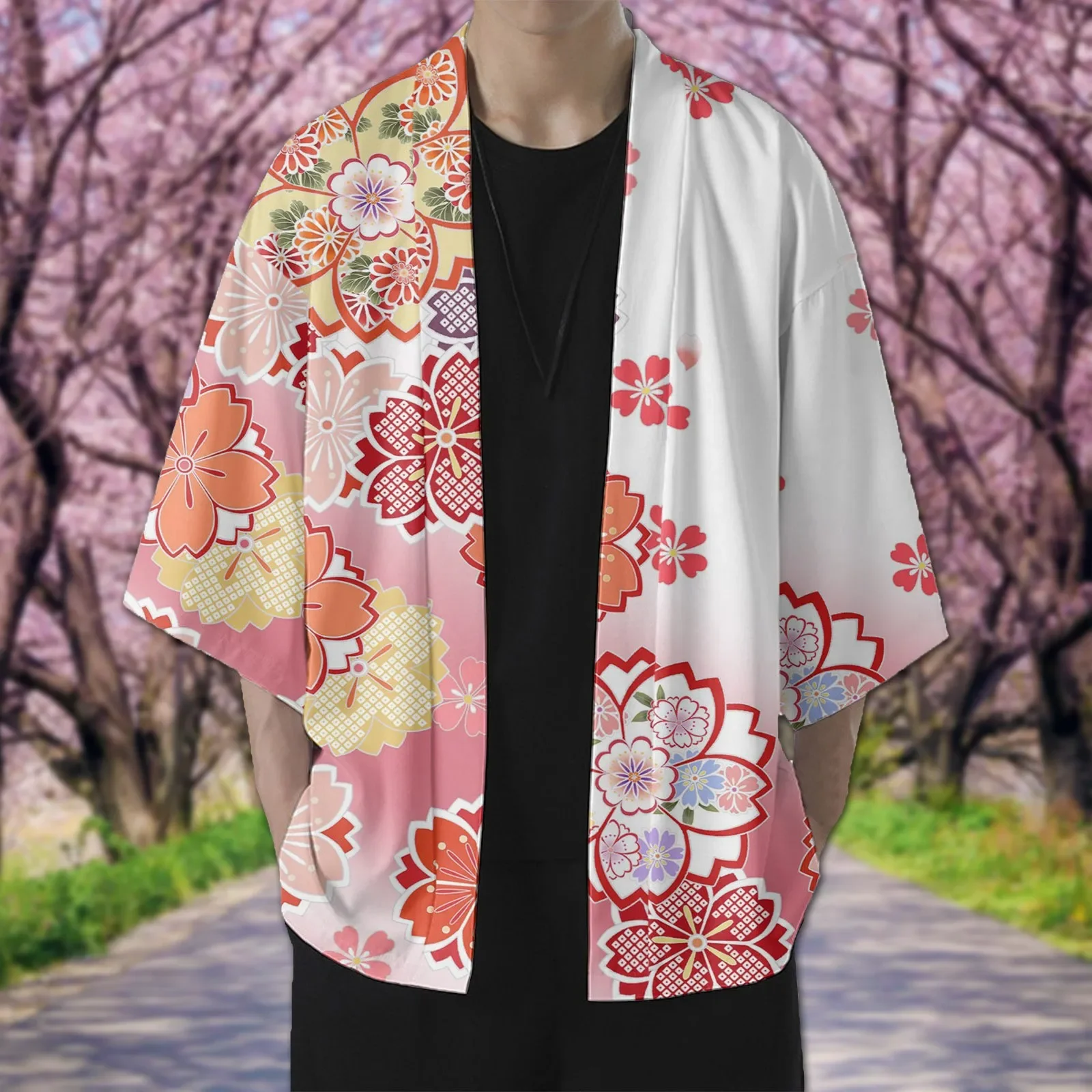 

Male Spring And Summer kinomo Cherry Flower Cool Semi Long Sleeve Cardigan All Solid Color Casual Plus Size Men's Casual Shirt