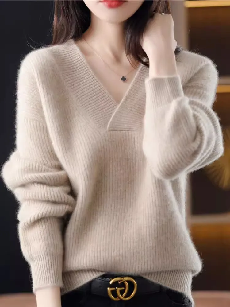 

V-neck Basis Pullover Women's Solid Loose Knit Sweater Autumn Winter Jumpers Knitwear Soft Warm Chic Femme Sweater Casual Tops