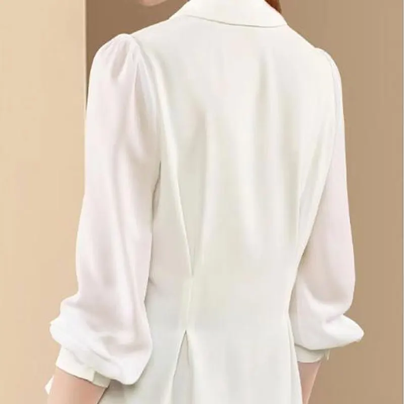 Korean Slim Stylish Folds Waist Shirt Elegant Half Open Collar Women's Clothing Single-breasted Spring Summer Long Sleeve Blouse