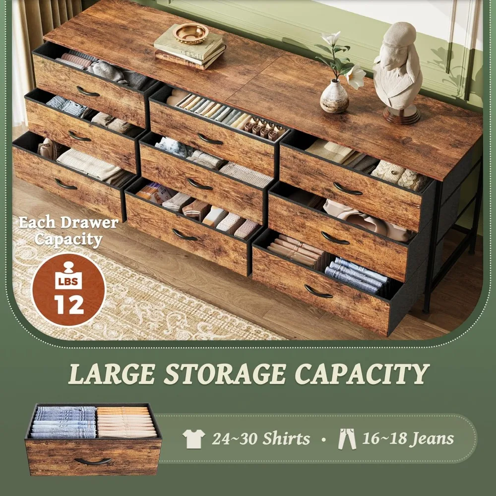 Cômoda para quarto de 63 polegadas, cômoda para armário com 9 gavetas, suporte de TV grande para TV de 55, 65, 70 polegadas, centro de entretenimento