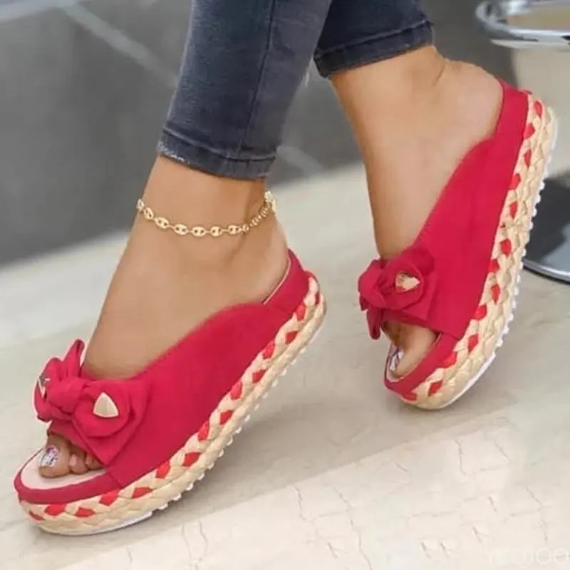 New Women Slippers Casual Solid Color Bowknot Platform Flat Shoes Fashion Braided Straps Outdoor Walking Sandals Zapatilla Mujer