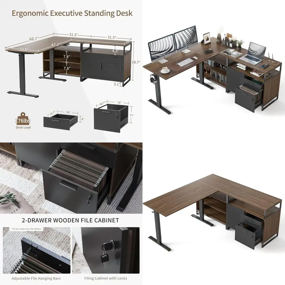 

66 L-Shaped Electric Adjustable Standing Desk with 2 Drawer Cabinet, Walnut Top, Home Office Computer Desk