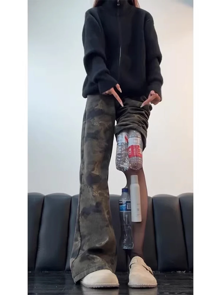 

American High Street Camouflage Trousers Men's Winter Fce Lined Slim Fit Flared Jeans mid Waist Zipper Closure Daily Wear