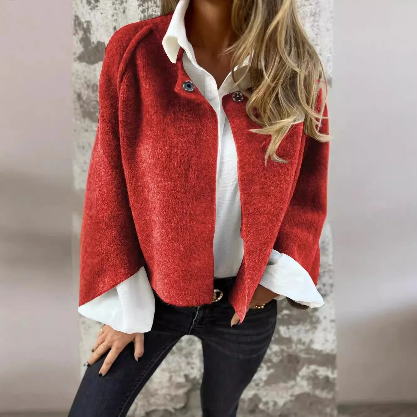 Chaqueta de felpa con cuello redondo para mujer, abrigo cálido, holgado, informal, de manga larga, a la moda, para Otoño e Invierno