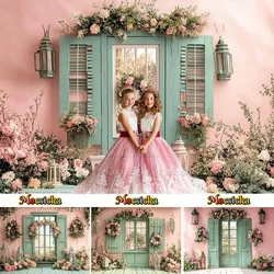 Fondo de fotografía de Pascua de primavera, telón de fondo de ventana rústica verde Floral rosa, decoración para pastel de cumpleaños de niña, estudio fotográfico Smash