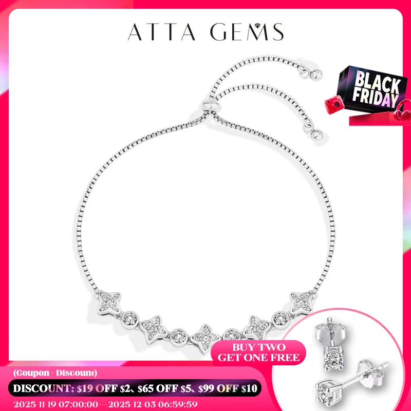 

ATTAGEMS муассанит браслет четырехконечная звезда S925 серебро для женщин и девочек ювелирные изделия на день рождения подарки регулируемый 24 см