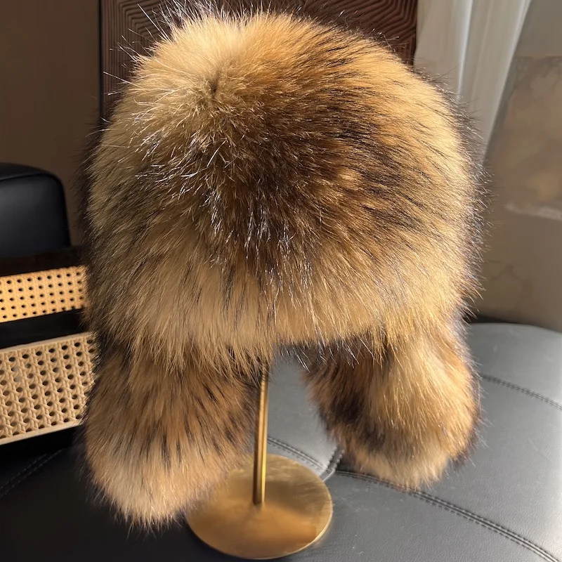 Natural Raccoon Fur Hat With Earflaps Thickened Warm Winter Russian Hat Men's ushanka hat Outdoor Thicken Furry Wind Snow Caps