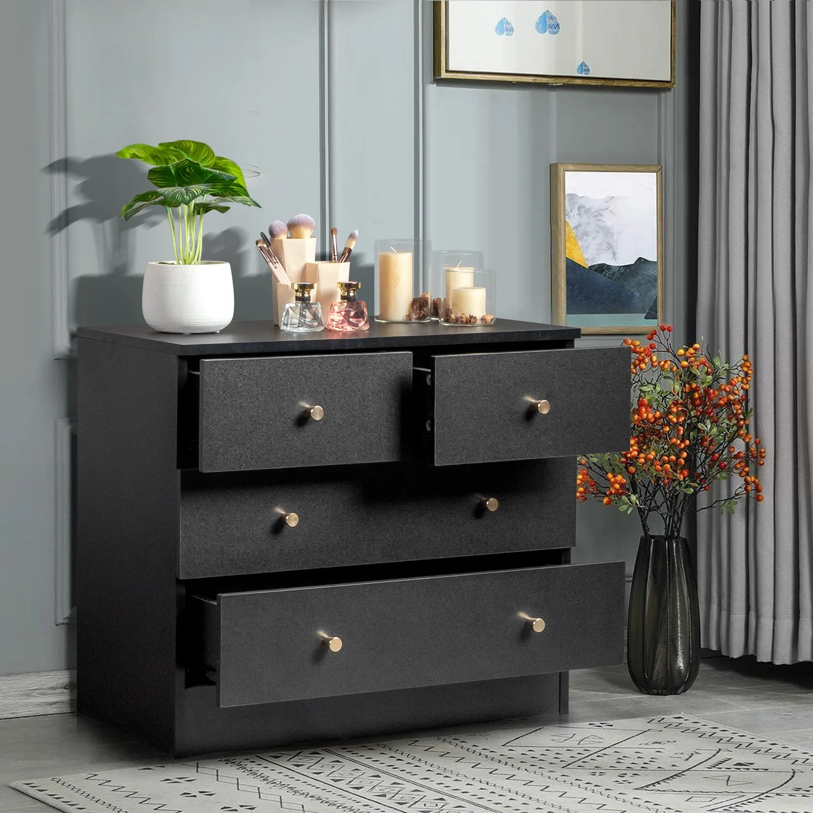 

Chest of 4 Drawers Dresser for Bedroom Nightstand Storage Bedside Cabinet Black