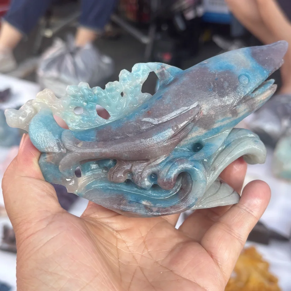 Natural Trolleite Quartz Shark Crystal Statue Hand Carved with Coral Wave Base Throat Chakra Reiki Healing Stone for Home Decor