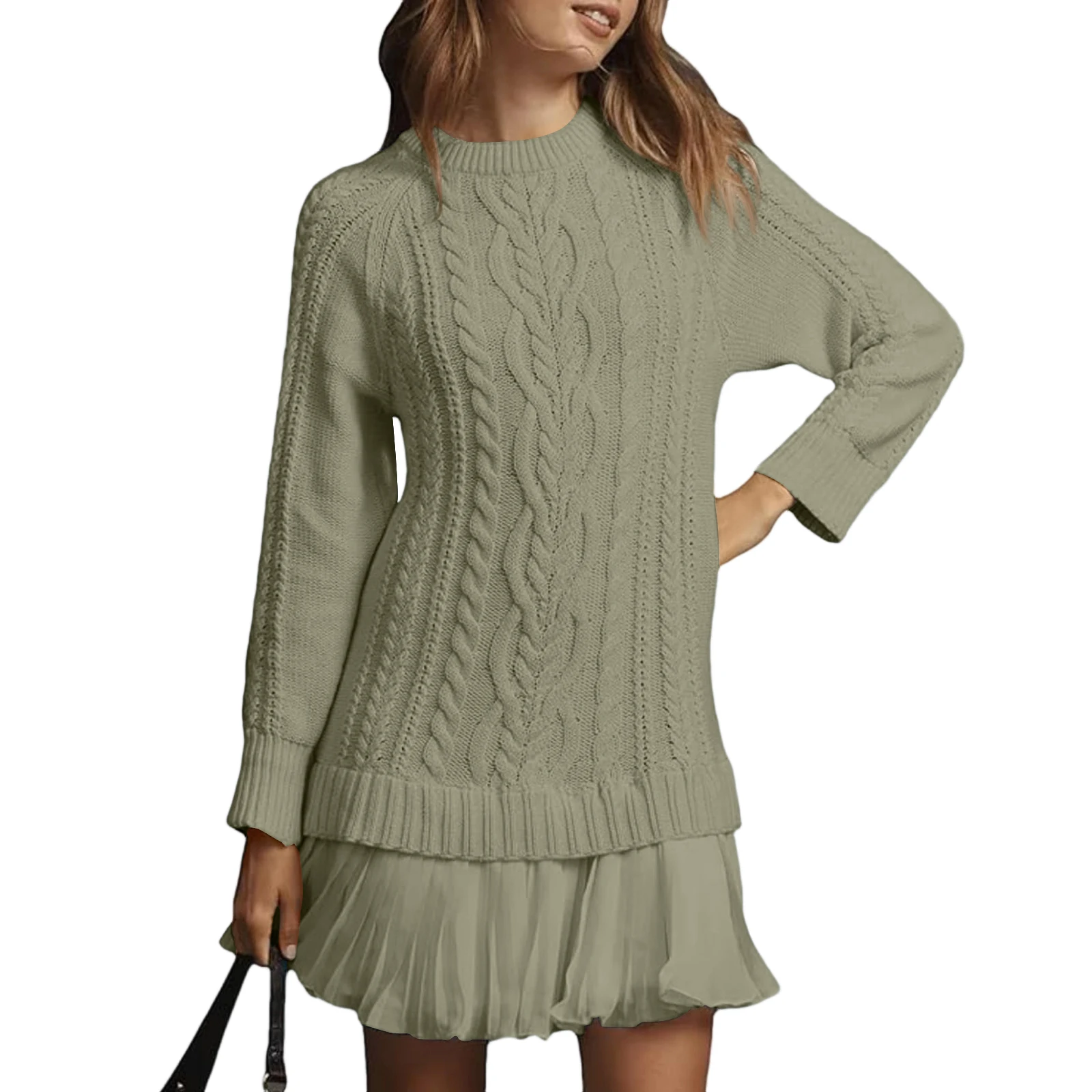 Fall Winter Long Sleeve Twist Knitted Cozy Sweater Dress Woman Ruffle Chiffon Pleated Solid Warm A-Line Pullover Vintage Dresses