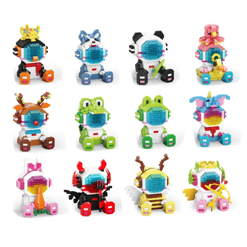 Cartoon Astronaut Micro Diamond Block Nanobrick Angel Devil Rabbit Elephant Frog Crocodile Elk Octopus Wolf Brick Toy With Light