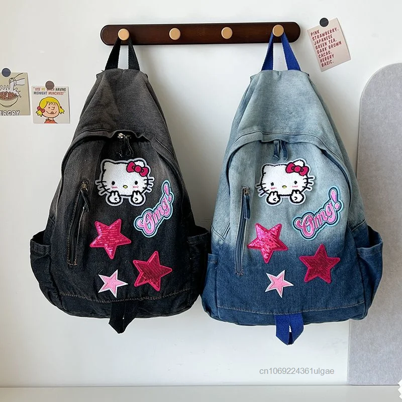 Sanrio Hello Kitty Fashion Book Bag Y2K Spicy Girl Style Cowboy Backpack Cartoon Large Capacity Versatile Student Shoulders Bag