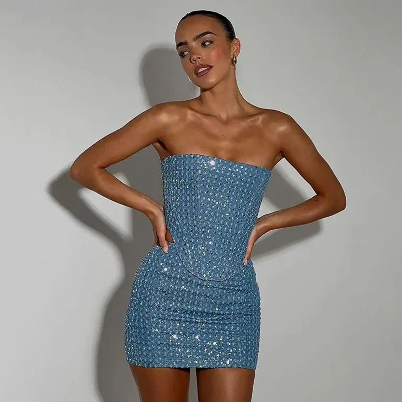 Women Blue Sequined Denim 2 Piece Sets Sexy Strapless Top Stylish Woman Mini Skirt Sets Tweed Set Summer Nightclub Outfits