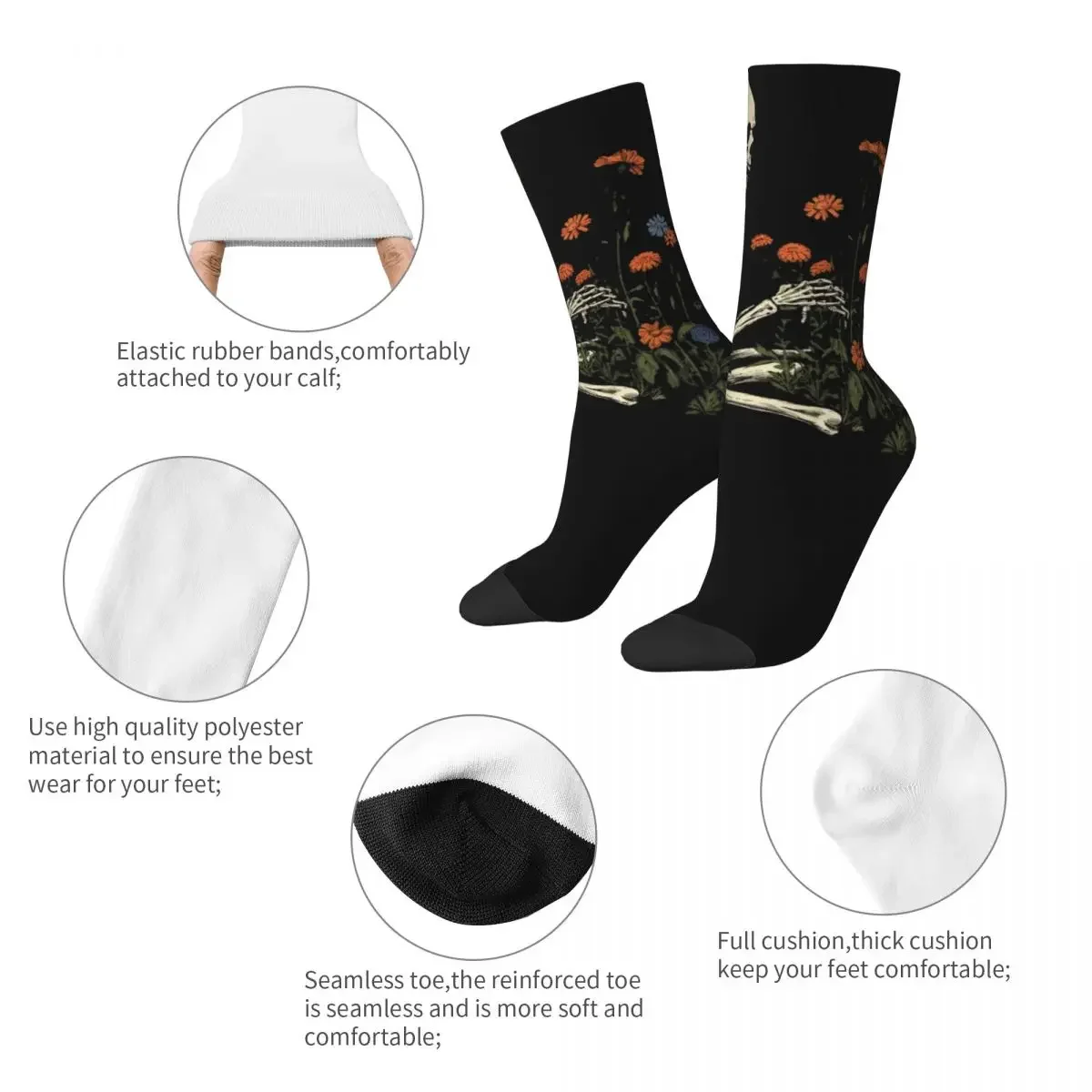 Vintage Skeleton Flowers Design Theme Crew Socks Product for Men Sweat Absorbing Stockings