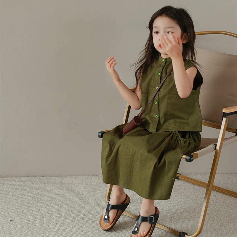 Summer Kid Clothing Set Girls Cotton Korean Style Sleeveless Skirt Two-piece Suit Fashion Outdoor Breathable Outfit Solid 3-8Y