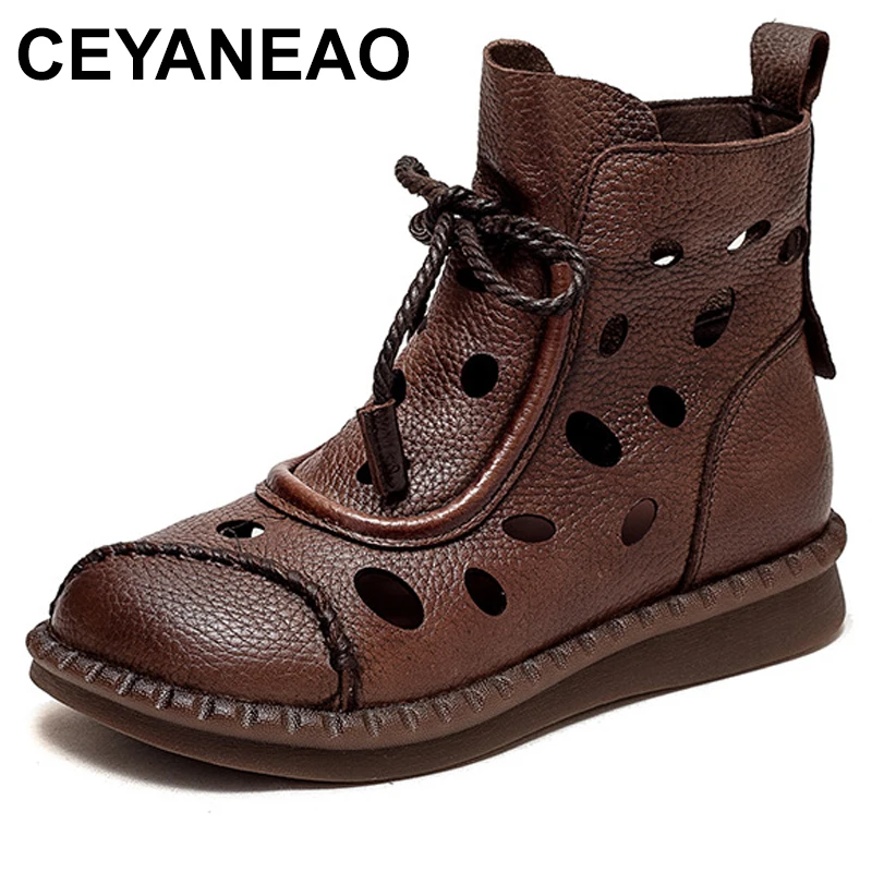 

Handmade Women Boots Summer Shoes Genuine Leather Breathable Hollow Retro Flat front lace-up Gladiator Boots Women