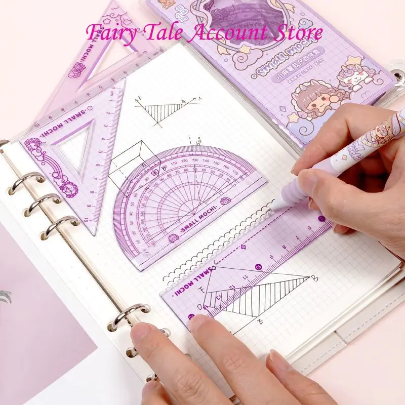Pequeno Conjunto de Fita Métrica Mochi para Estudantes, Régua Macia Transparente, Régua Triangular, Transferidor Set, Quatro Peças